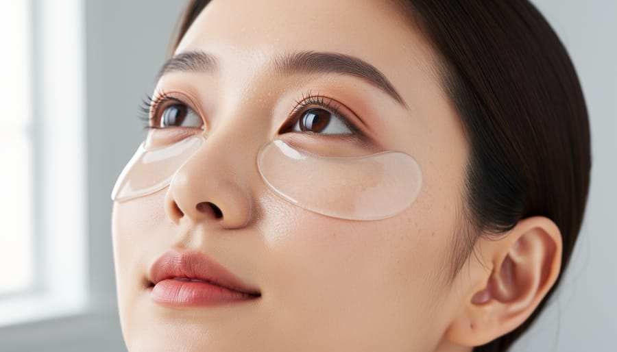 Person wearing collagen eye patches under the eyes in a softly lit bathroom setting