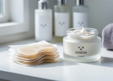 Close-up of collagen eye patches and a skincare jar arranged on a white vanity under soft natural light, with other skincare items softly blurred in the background.
