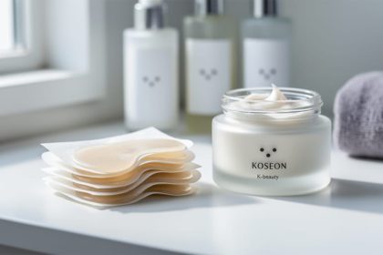 Close-up of collagen eye patches and a skincare jar arranged on a white vanity under soft natural light, with other skincare items softly blurred in the background.