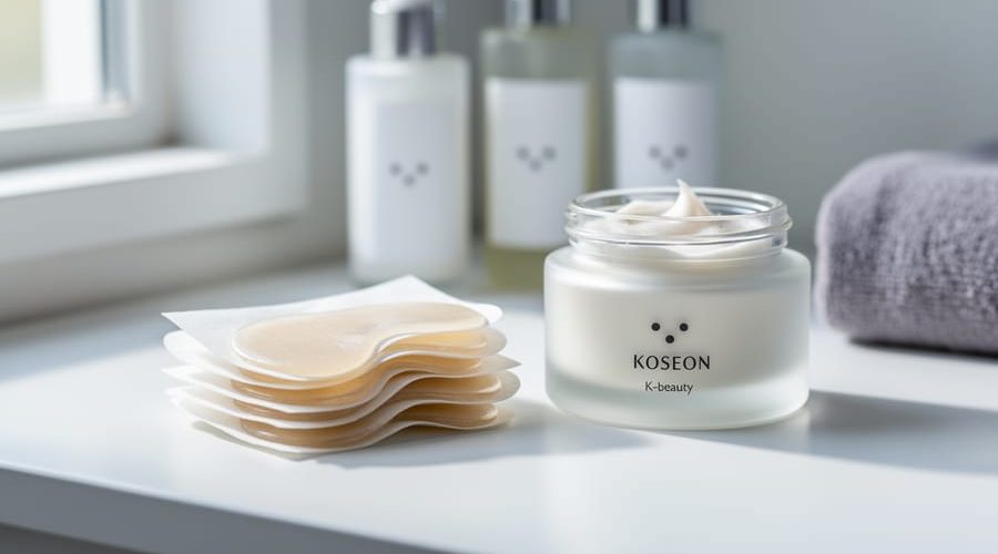 Close-up of collagen eye patches and a skincare jar arranged on a white vanity under soft natural light, with other skincare items softly blurred in the background.