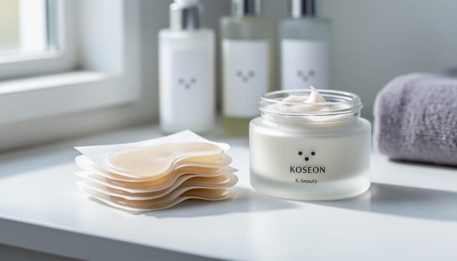 Close-up of collagen eye patches and a skincare jar arranged on a white vanity under soft natural light, with other skincare items softly blurred in the background.
