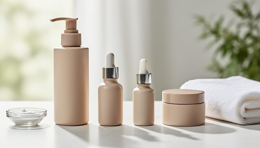 Still-life arrangement of skincare containers on a vanity with soft spa lighting
