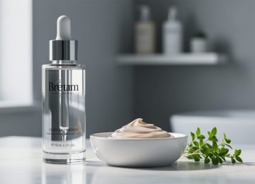 Minimalist skincare bottles and cream swatch on a white vanity with a small green herb sprig in soft natural light.
