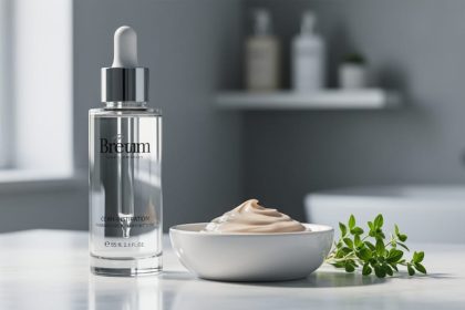 Minimalist skincare bottles and cream swatch on a white vanity with a small green herb sprig in soft natural light.