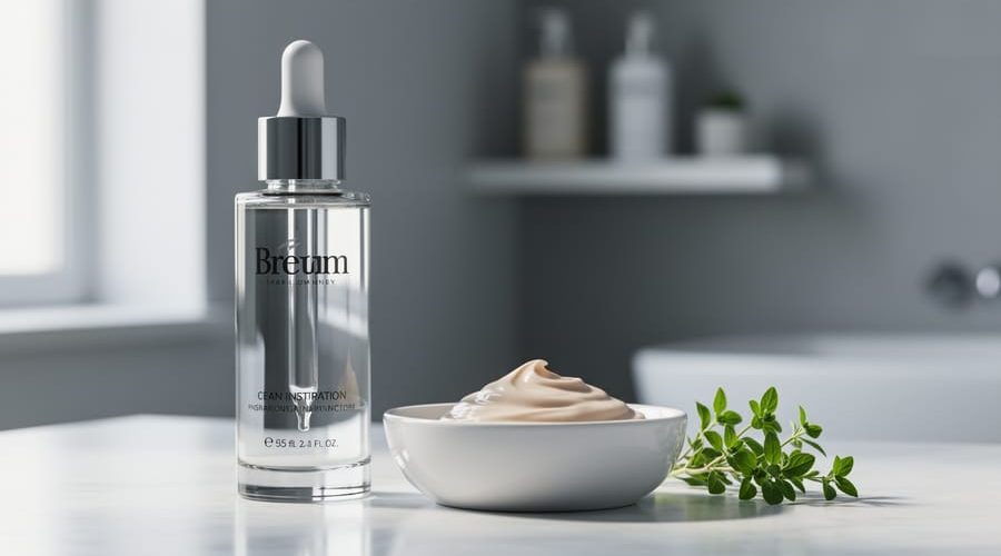 Minimalist skincare bottles and cream swatch on a white vanity with a small green herb sprig in soft natural light.
