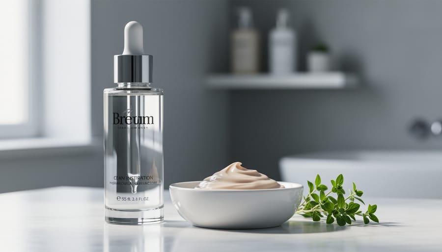 Minimalist skincare bottles and cream swatch on a white vanity with a small green herb sprig in soft natural light.