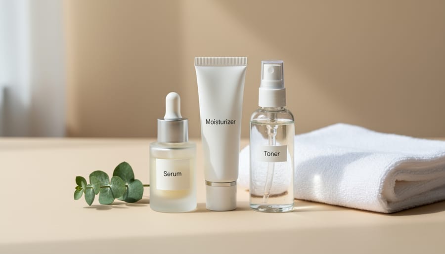 Minimalist still life of acne-care skincare containers and a dropper serum next to glass water and ceramic dishes.