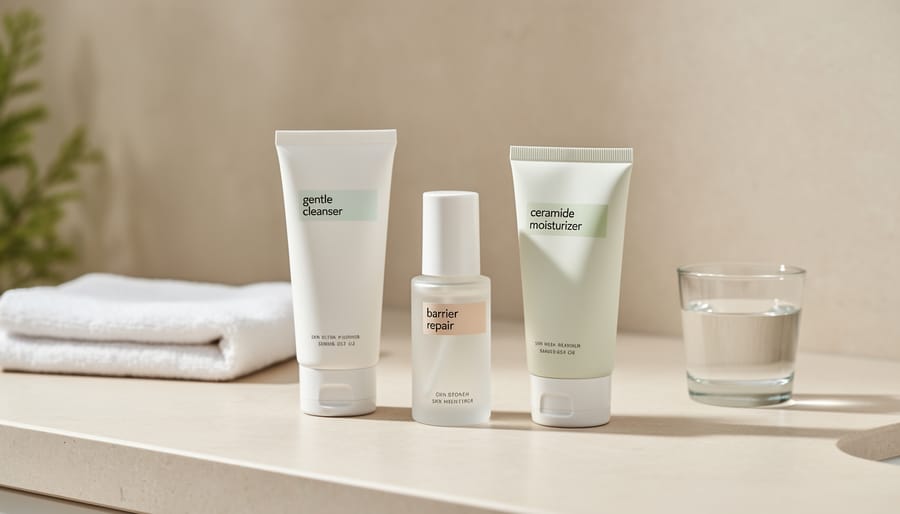 Skincare jar and dropper with clear serum on a clean white bathroom counter