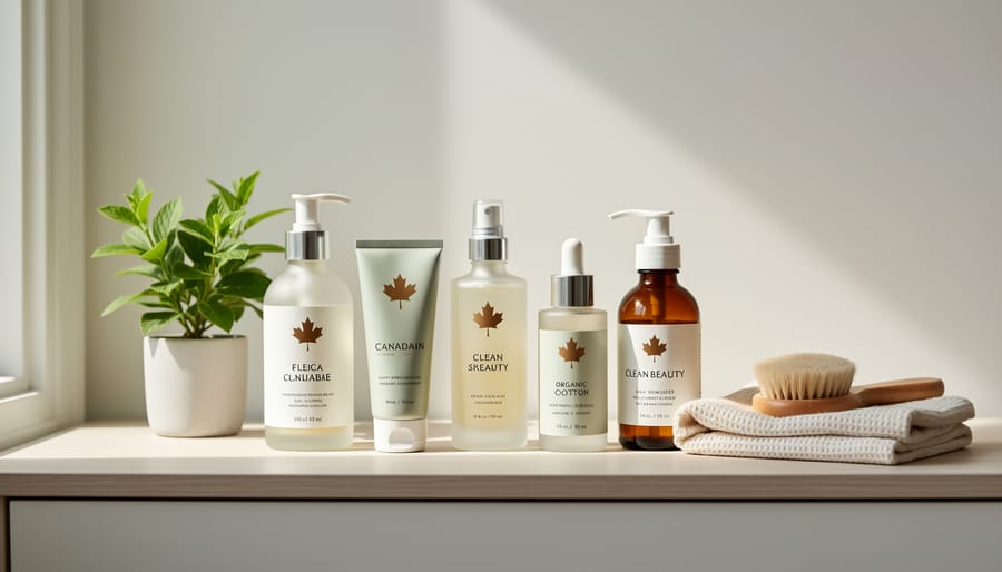 Minimal skincare vanity with unlabeled skincare bottles, glass dropper, and folded white towel under soft natural daylight
