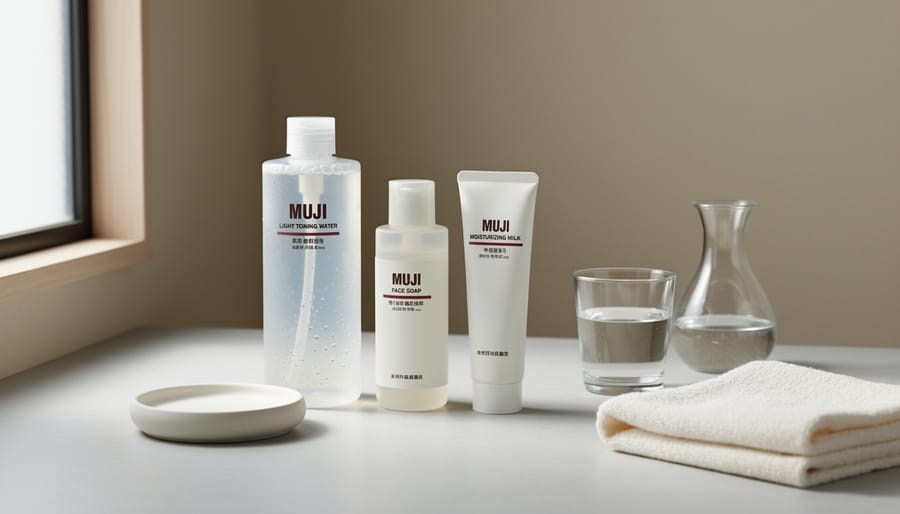 Minimalist skincare bottles and a cream jar arranged on a pale ceramic shelf in a bright bathroom setting.