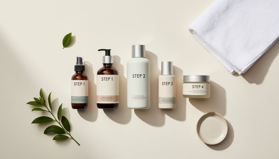 Top-down view of skincare products and a cotton pad arranged on a tray in a bright bathroom.