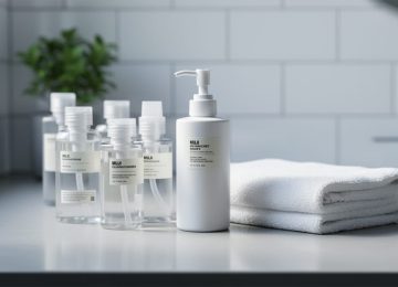 Clear minimalist skincare bottles and a simple cleanser arranged on a bright bathroom vanity with soft natural light.