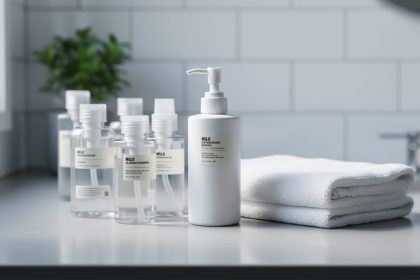 Clear minimalist skincare bottles and a simple cleanser arranged on a bright bathroom vanity with soft natural light.