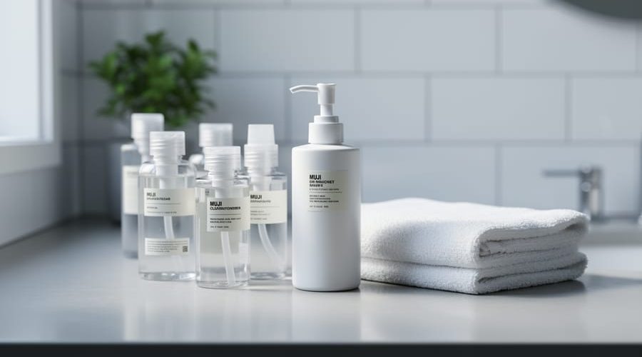 Clear minimalist skincare bottles and a simple cleanser arranged on a bright bathroom vanity with soft natural light.