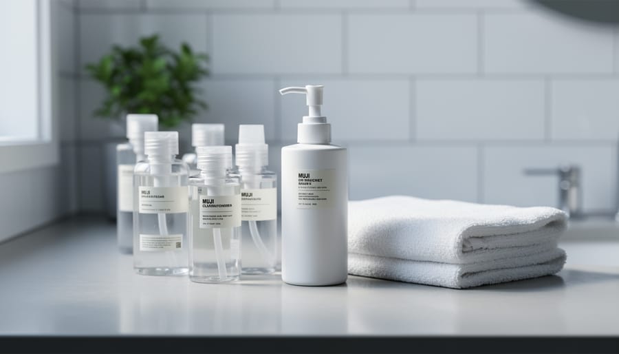 Clear minimalist skincare bottles and a simple cleanser arranged on a bright bathroom vanity with soft natural light.