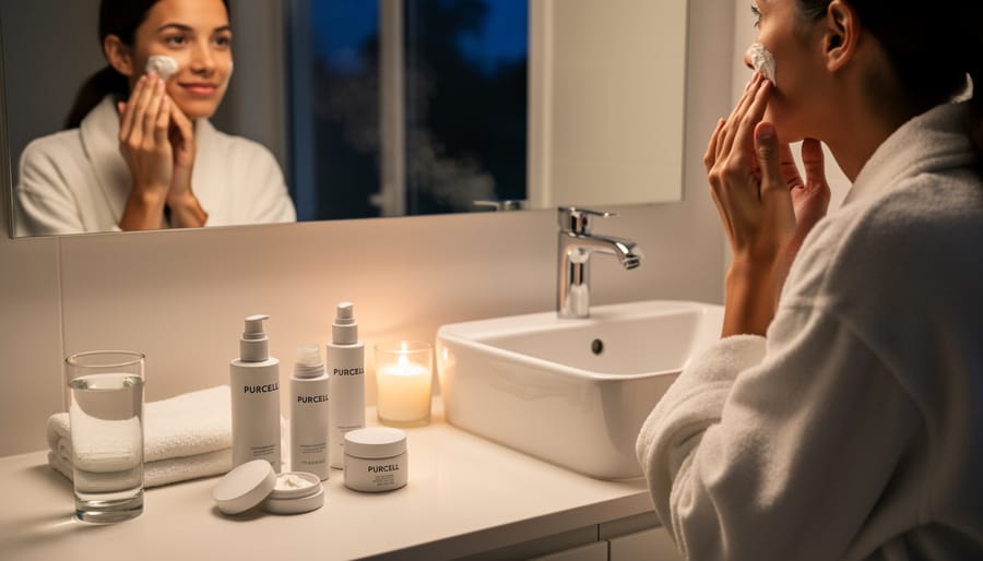 Person’s hand placing a skincare ampoule on a bathroom counter during a nighttime skincare routine