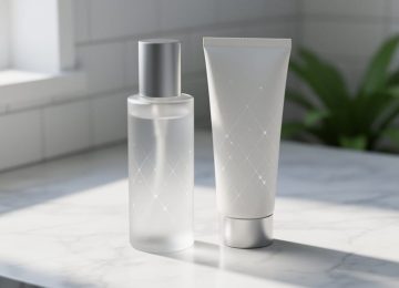 Close-up of a sleek sunscreen bottle and tube on marble with subtle diamond-like sparkle reflections, styled in a clean premium skincare setting.