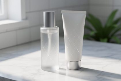 Close-up of a sleek sunscreen bottle and tube on marble with subtle diamond-like sparkle reflections, styled in a clean premium skincare setting.