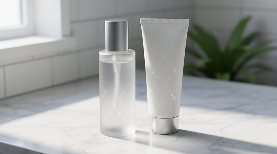 Close-up of a sleek sunscreen bottle and tube on marble with subtle diamond-like sparkle reflections, styled in a clean premium skincare setting.