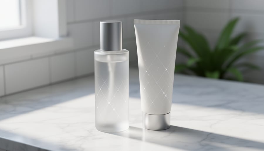 Close-up of a sleek sunscreen bottle and tube on marble with subtle diamond-like sparkle reflections, styled in a clean premium skincare setting.