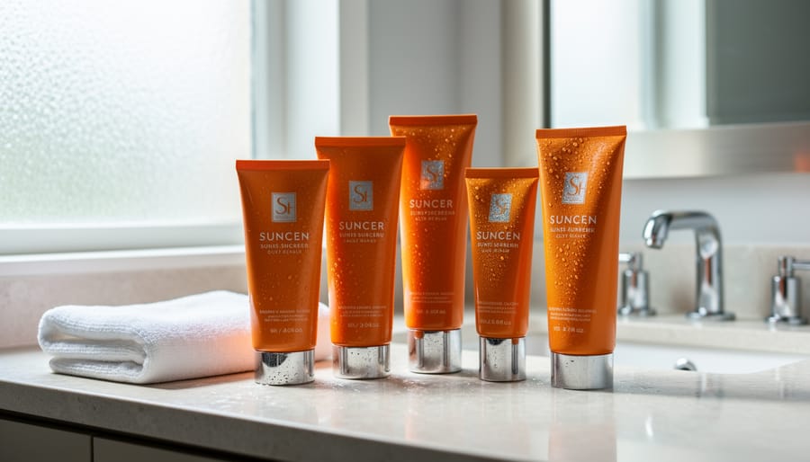 Sunscreen bottle and refill pouch displayed on a sunlit bathroom counter with clean, modern styling.