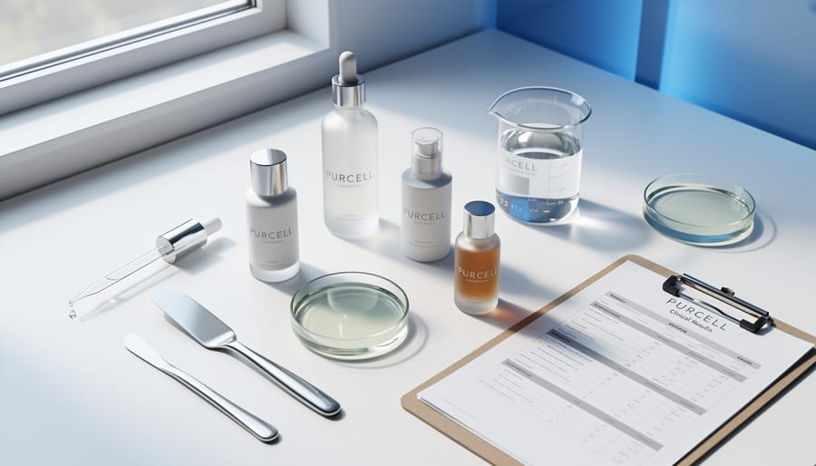 Minimal skincare flat-lay with glass ampoules and pale amber serum on a clean worktable