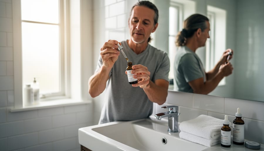 Person applying skincare serum with a dropper to the cheek in soft natural light