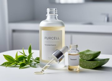 Close-up of a skincare serum bottle and glass vials with pale amber fermented liquid and fresh green botanicals on a white ceramic surface.
