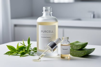 Close-up of a skincare serum bottle and glass vials with pale amber fermented liquid and fresh green botanicals on a white ceramic surface.