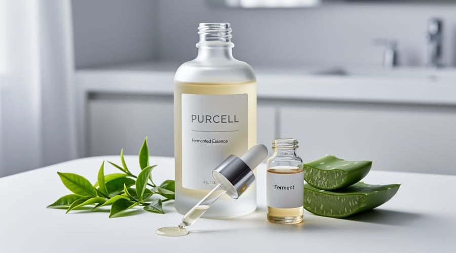 Close-up of a skincare serum bottle and glass vials with pale amber fermented liquid and fresh green botanicals on a white ceramic surface.
