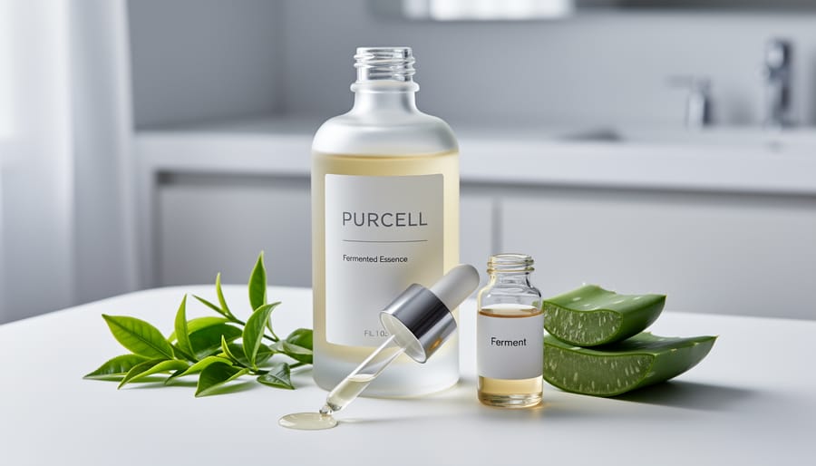Close-up of a skincare serum bottle and glass vials with pale amber fermented liquid and fresh green botanicals on a white ceramic surface.