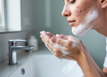 Person gently washing their face at a bathroom sink with soft daylight, showing a realistic close-up of acne-prone skin texture and cleanser foam.