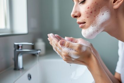 Person gently washing their face at a bathroom sink with soft daylight, showing a realistic close-up of acne-prone skin texture and cleanser foam.