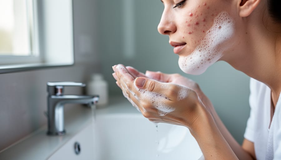 Person gently washing their face at a bathroom sink with soft daylight, showing a realistic close-up of acne-prone skin texture and cleanser foam.