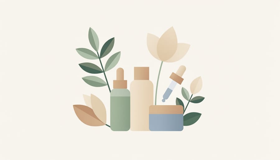 Skincare serum dropper and glass bottle with natural ingredients like aloe and crushed herbs on a tabletop