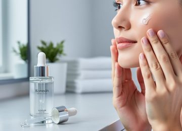 Close-up of hands applying serum to a glowing cheek beside a glass skincare bottle and dropper on a clean bathroom vanity with soft daylight.