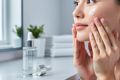Close-up of hands applying serum to a glowing cheek beside a glass skincare bottle and dropper on a clean bathroom vanity with soft daylight.