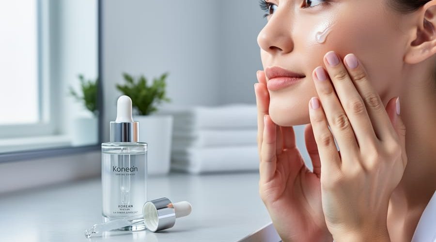Close-up of hands applying serum to a glowing cheek beside a glass skincare bottle and dropper on a clean bathroom vanity with soft daylight.