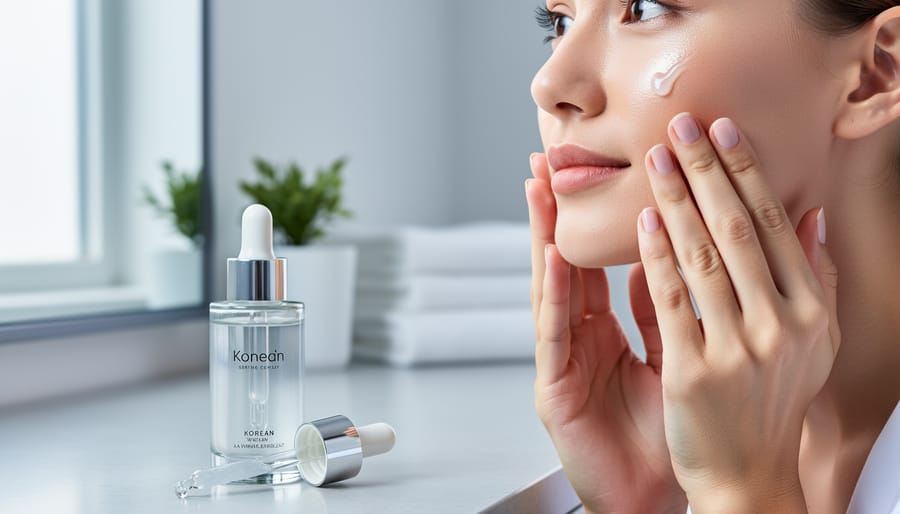 Close-up of hands applying serum to a glowing cheek beside a glass skincare bottle and dropper on a clean bathroom vanity with soft daylight.