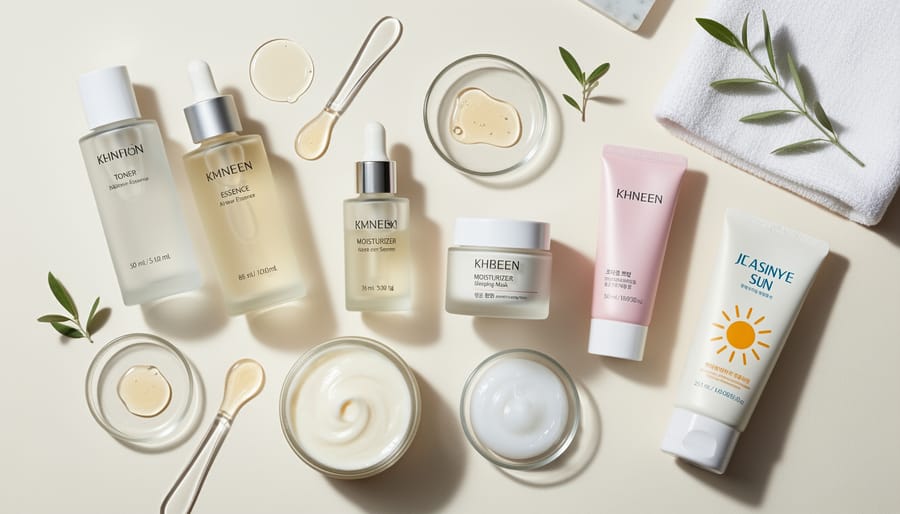 Skincare products arranged on a marble bathroom counter including a dropper bottle, cream jar, and cleanser tube