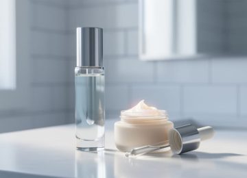 Minimal skincare vanity scene with a clear serum bottle and pearly cream on a clean countertop under soft natural light.