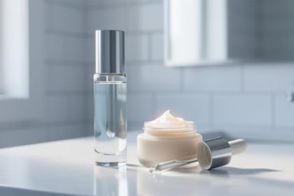 Minimal skincare vanity scene with a clear serum bottle and pearly cream on a clean countertop under soft natural light.