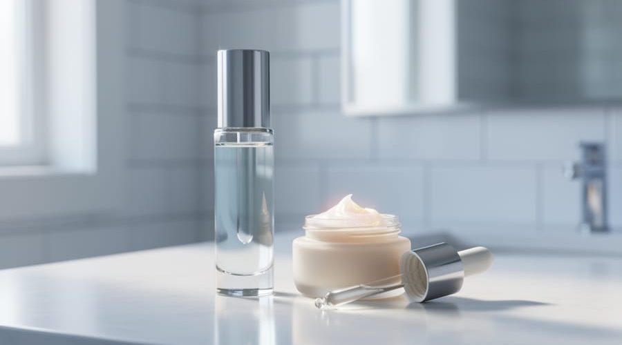 Minimal skincare vanity scene with a clear serum bottle and pearly cream on a clean countertop under soft natural light.