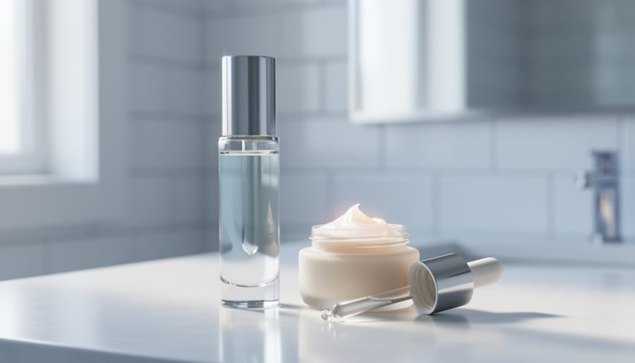 Minimal skincare vanity scene with a clear serum bottle and pearly cream on a clean countertop under soft natural light.