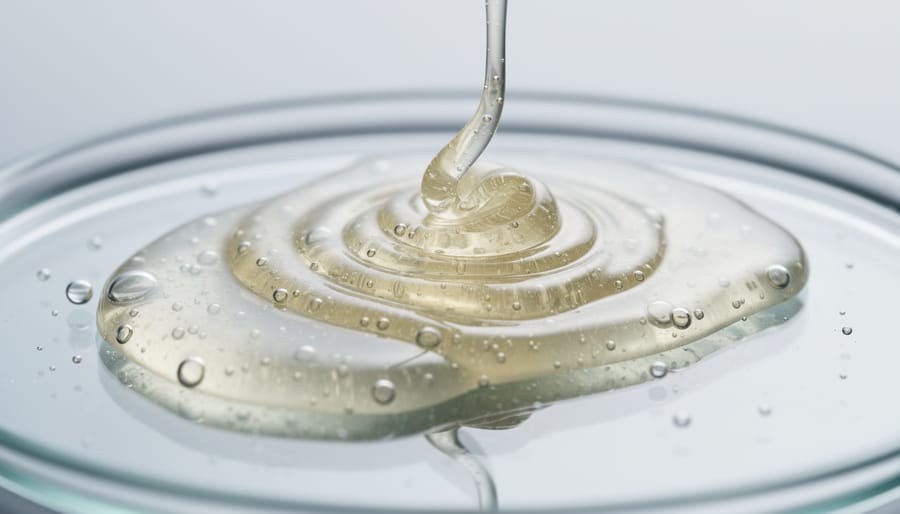 Close-up of serum droplets falling from a glass dropper onto a white ceramic surface