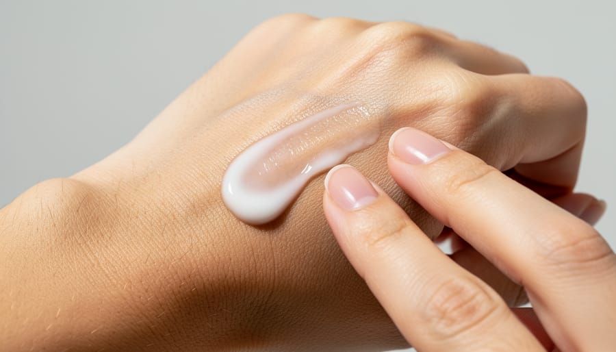 Close-up of a person applying cream to the back of their hand in a softly lit bathroom setting