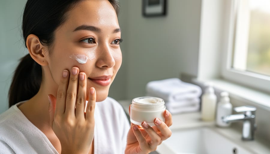 Person applying brightening cream to their face with clean hands in a bright bathroom setting