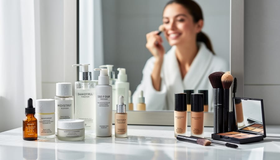 Skincare and makeup products arranged on a vanity counter in soft natural light