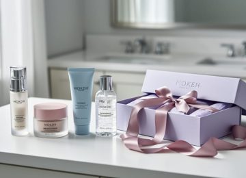 Curated skincare mini bottles arranged on a vanity next to an opened ribboned gift box, shown in soft natural light.