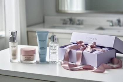 Curated skincare mini bottles arranged on a vanity next to an opened ribboned gift box, shown in soft natural light.